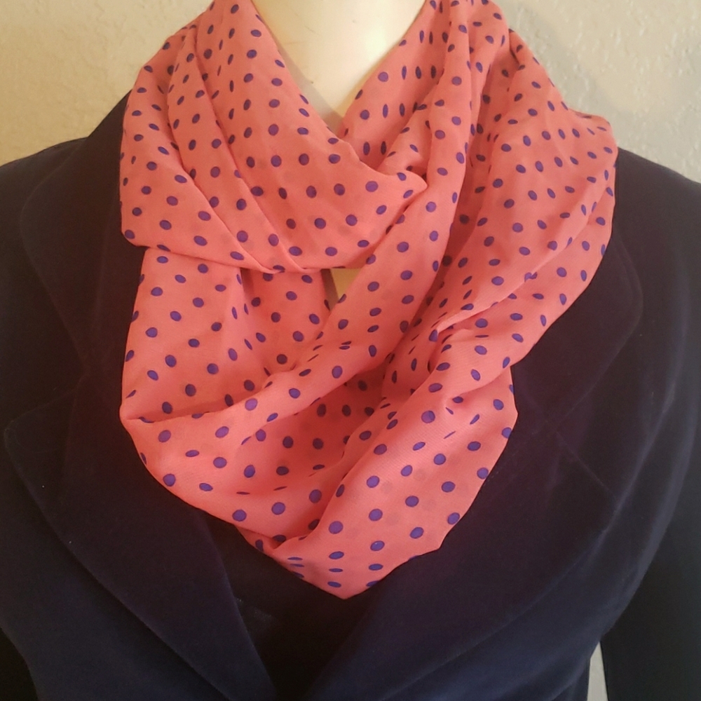 Coral & blue sheer polka dot print Infinity scarf